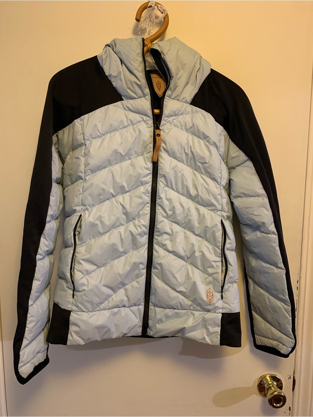 Indygena‎ Down Puffer Jacket Womens S Light Blue Quilted Hood Full Zip EUC